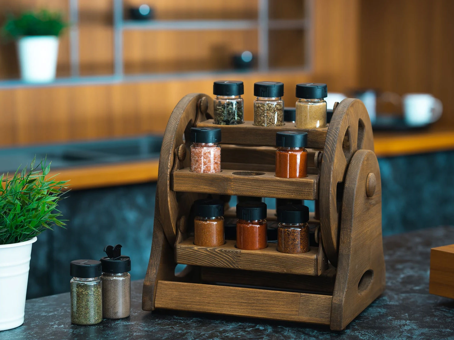 Rotating Wooden Spice Rack with Jars